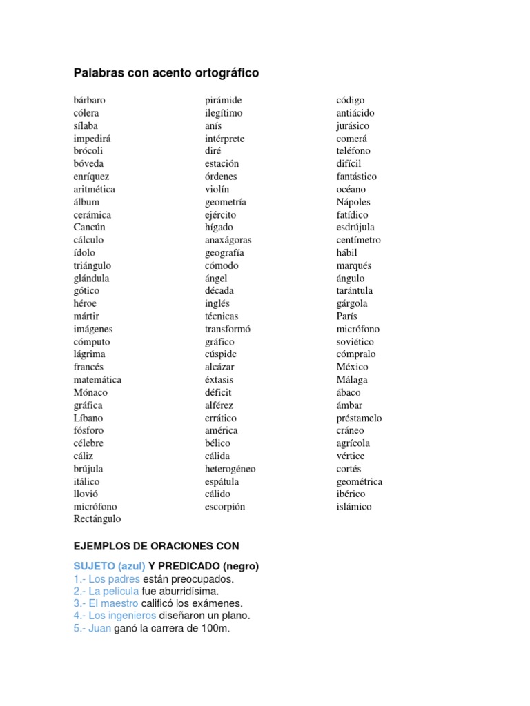 100 Palabras Con Acento Ortográfico, 50 Oraciones Con