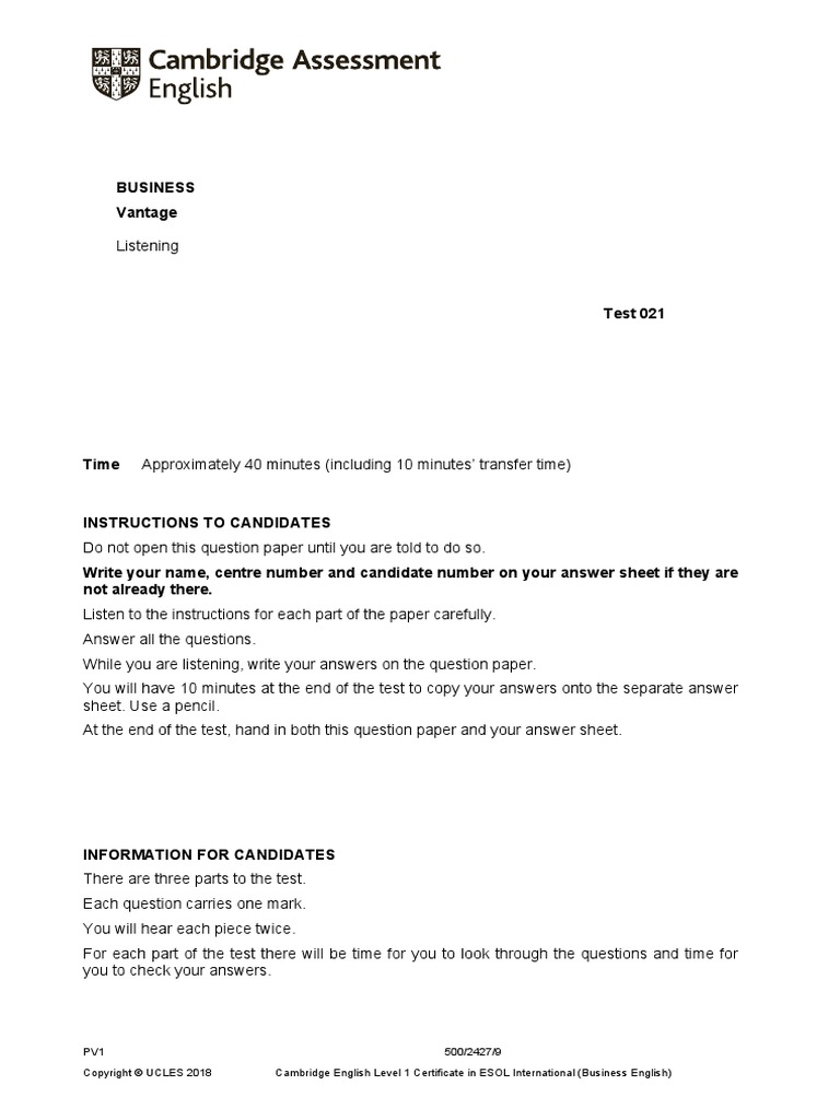 Business Vantage Listening Sample Paper 1 Full Test PDF Business