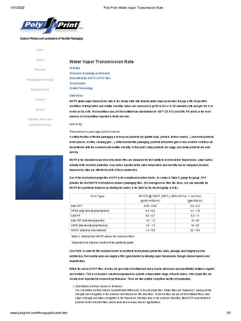 Water Vapor Transmission Rate PDF PDF Polymers Young's Modulus