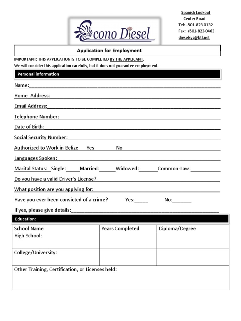 Employment Application Form PDF | PDF | Labour | Business