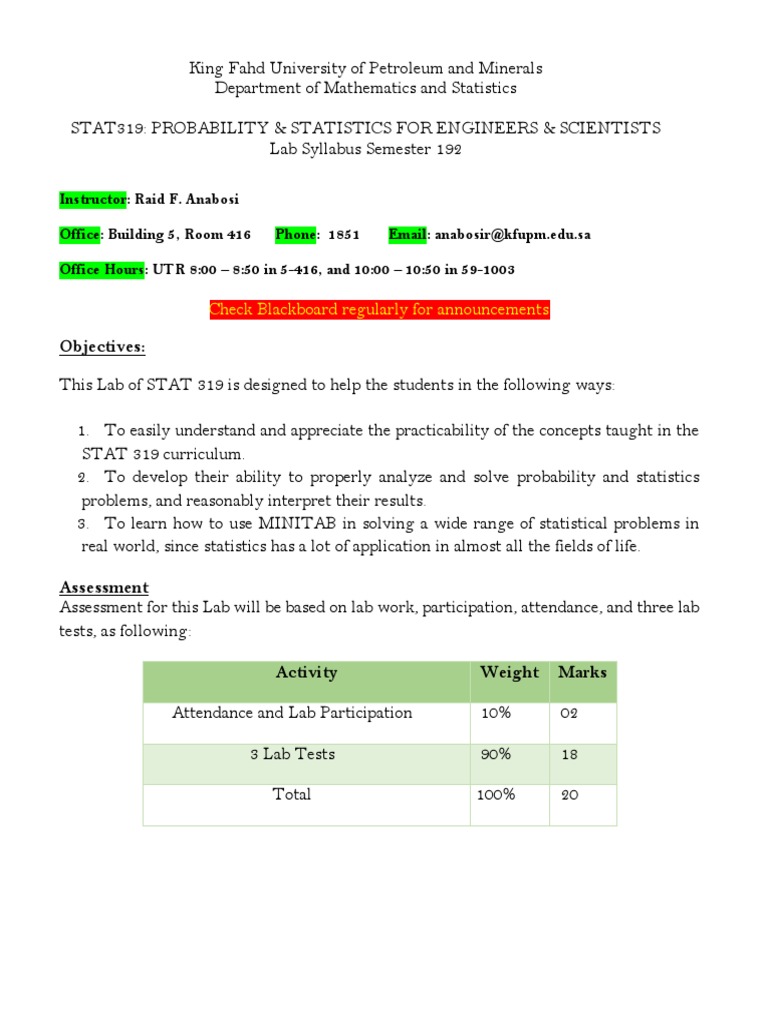 STAT 319 Lab Syllabus Overview | PDF | Regression Analysis | Variance