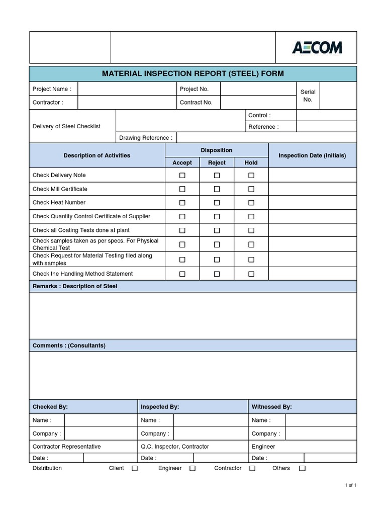 Material Inspection Report Steel Form | PDF