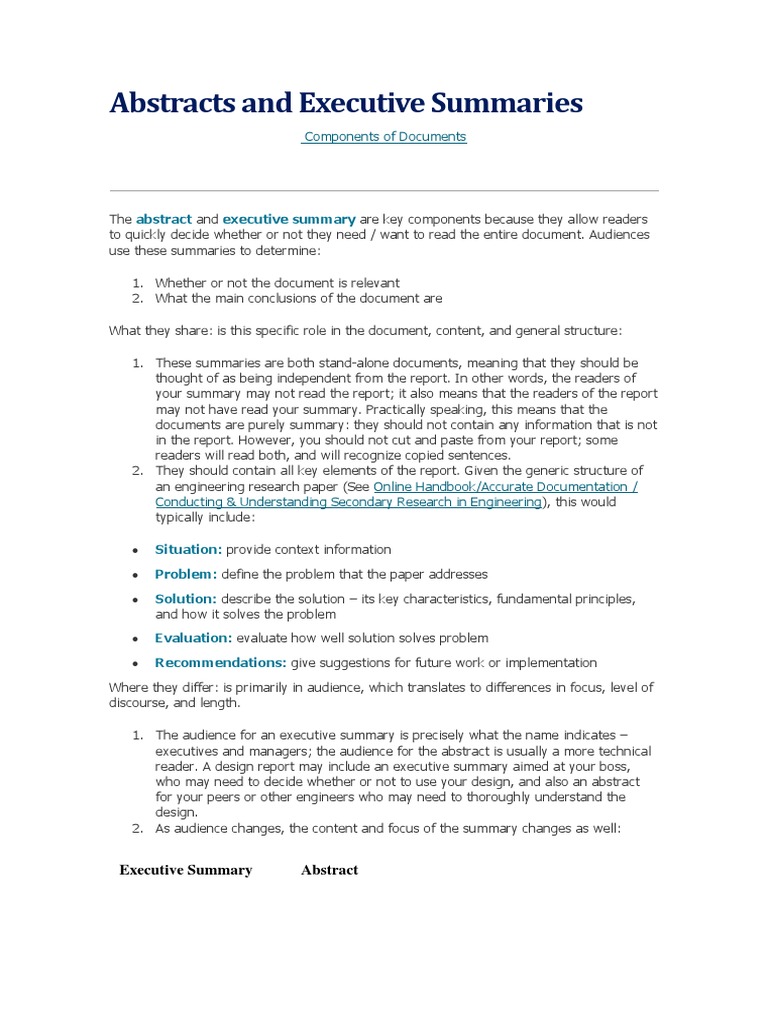 Abstracts vs. Executive Summaries Explained | PDF | Abstract (Summary ...