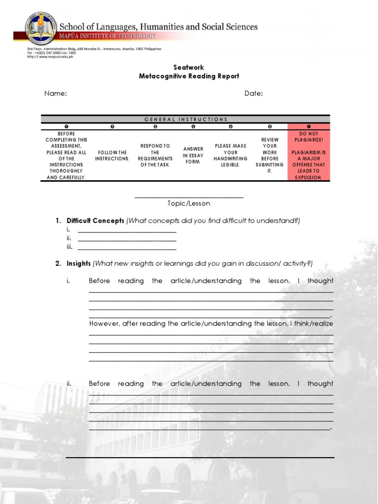 Metacognitive Reading Report Template | PDF | Metacognition ...