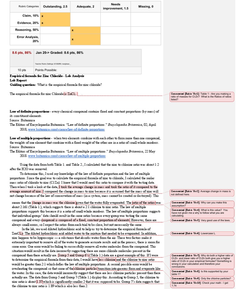 Zinc Chloride Lab Report Feedback PDF Chlorine Zinc