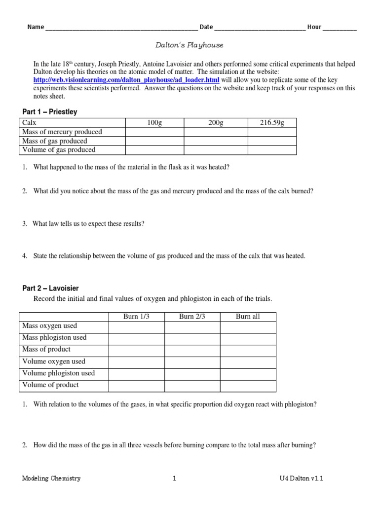 Dalton's Playhouse Experiment Guide | PDF | Oxygen | Chemistry