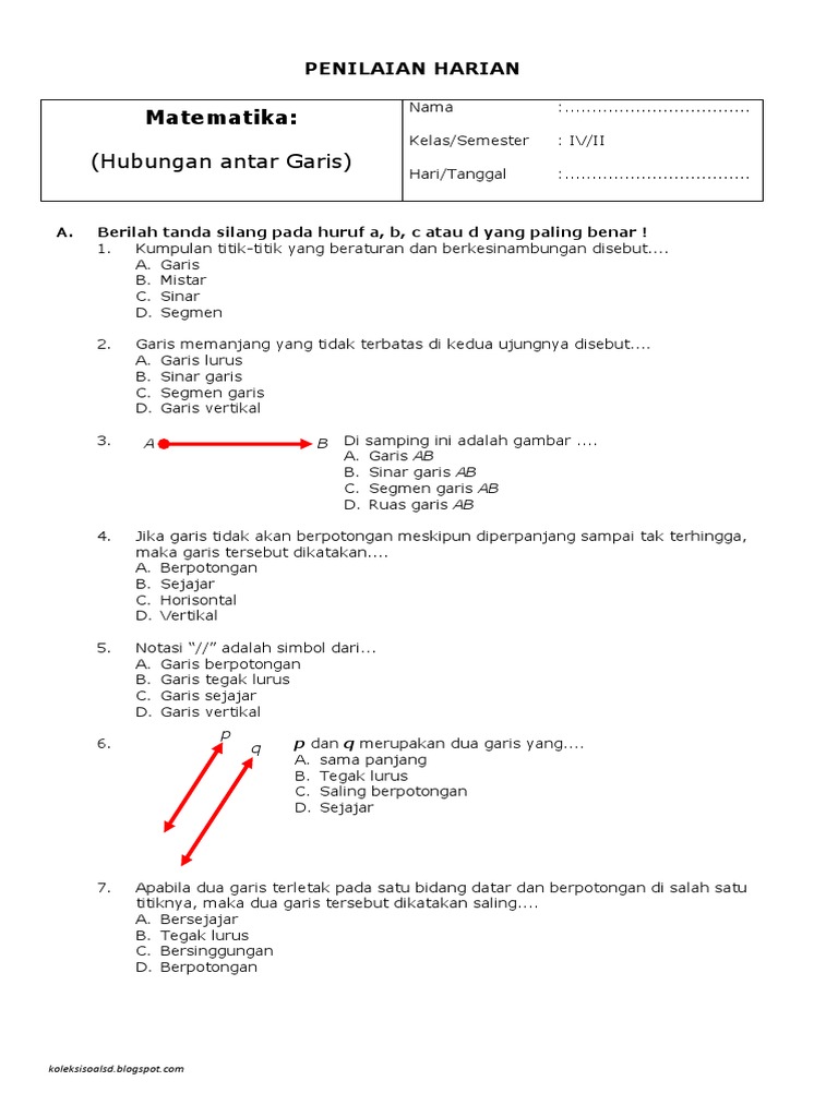 Penilaian Harian Matematika Kelas 4 Semester 2 Hubungan Antar Garis Pdf