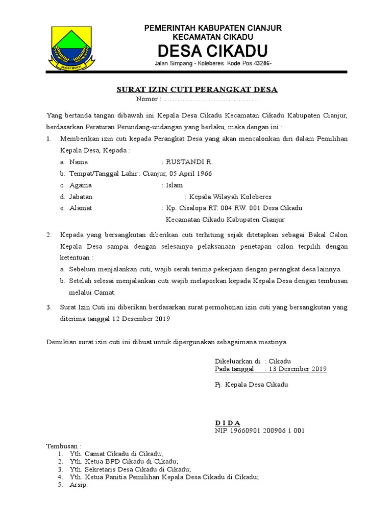 Surat Izin Cuti Perangkat Desa Dari Pj Kepala Desa