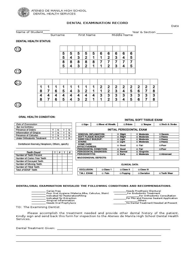 Dental Examination Record Form PDF Human Tooth Periodontology