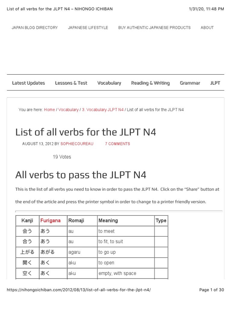 Essential JLPT N4 Verbs List | PDF | Japanese Language | Standardized Tests