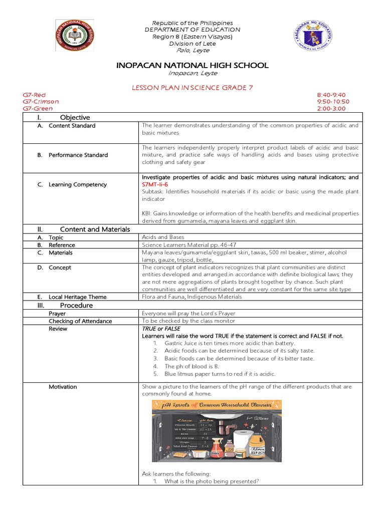 Grade 7 Science Lesson Plan: Acids & Bases | PDF | Ph | Cognition