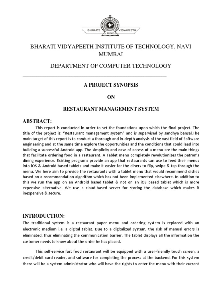 Restaurant Management System Synopsis PDF Menu Tablet Computer