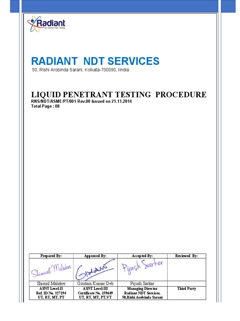 Liquid Testing Procedure for Radiant NDT Services PDF