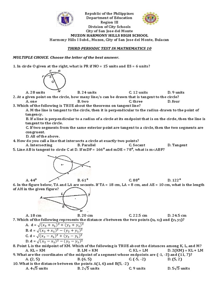 Math 10 Periodic Test on Circles | PDF | Circle | Perpendicular