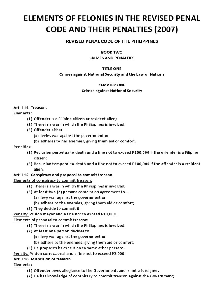 Revised Penal Code Felonies and Penalties | PDF | Treason | Prison