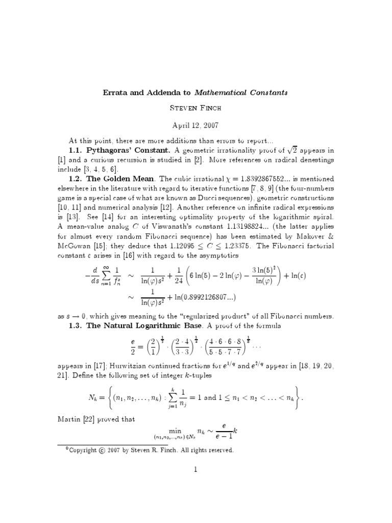 Mathematical ConstantsErrata Steven R. Finch PDF PDF Discrete