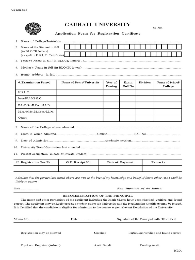 Guwahati University Application Form For Registration Certificate PDF | PDF