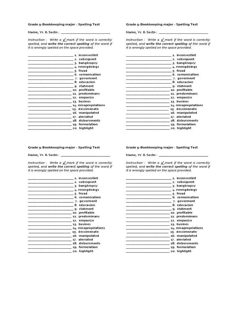 Grade 9 Bookkeeping Major Spelling Test Correcting Misspelled Financial and Business Terms