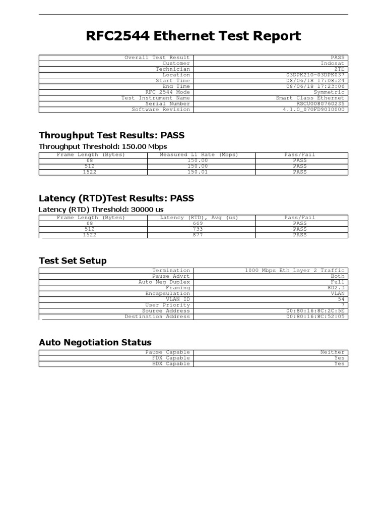 RFC 2544 Ethernet Test Results Report | PDF | Ethernet | Information ...