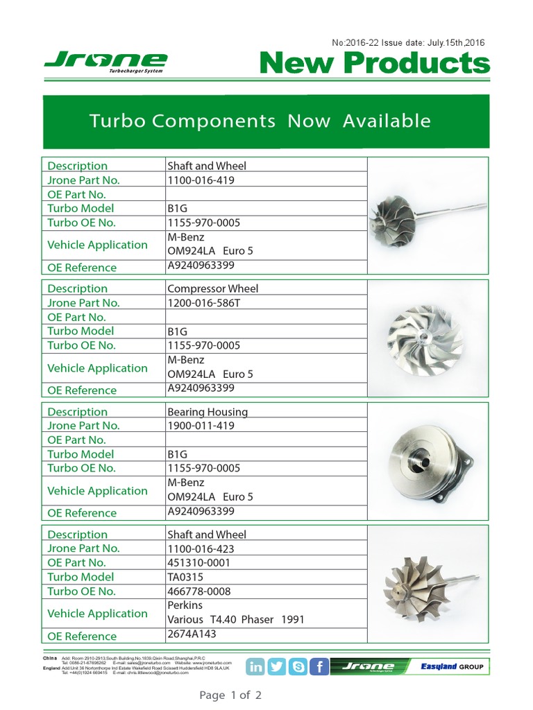Jrone Turbo Components Catalogue | PDF | Turbocharger | Manufactured Goods