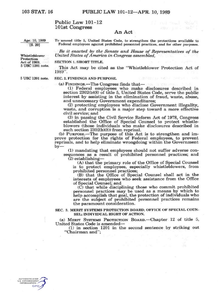 Whistleblower Protection Act of 1989 Whistleblower Lawyer