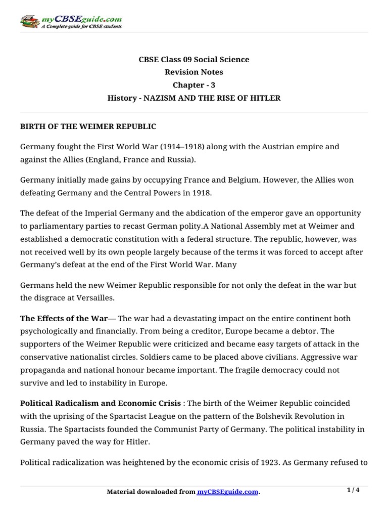 Nazism and Hitler's Rise: Class 9 Notes | PDF | Nazi Germany | Weimar ...