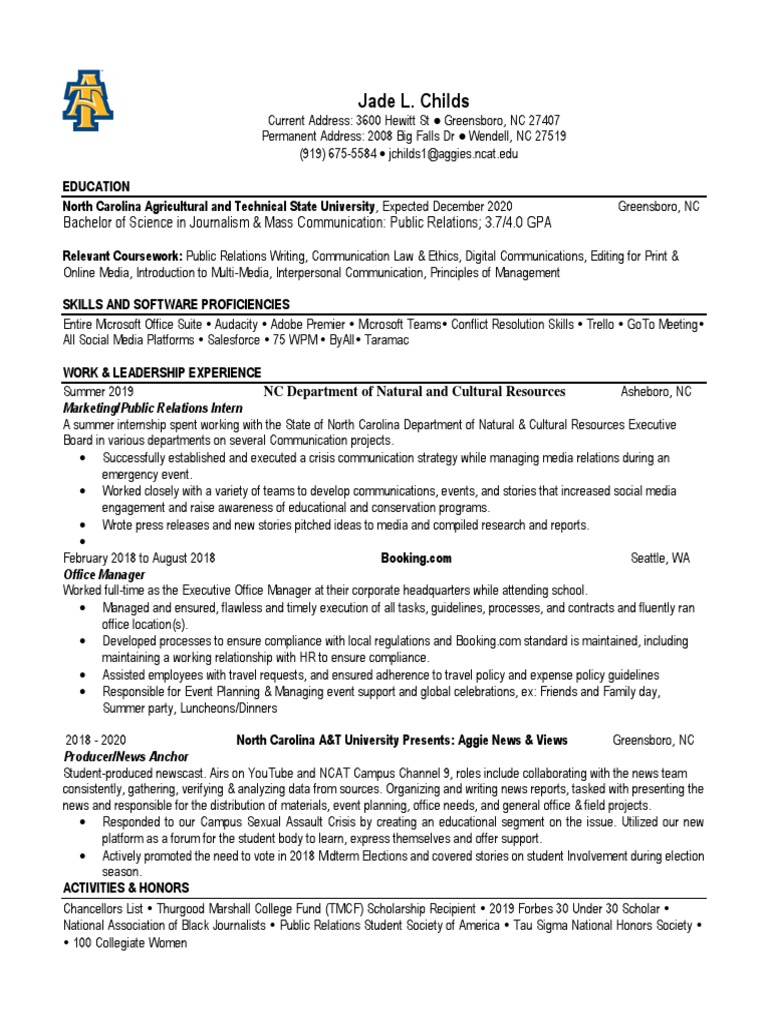 Jade Childs NCAT Resume PDF Public Relations Mass Media