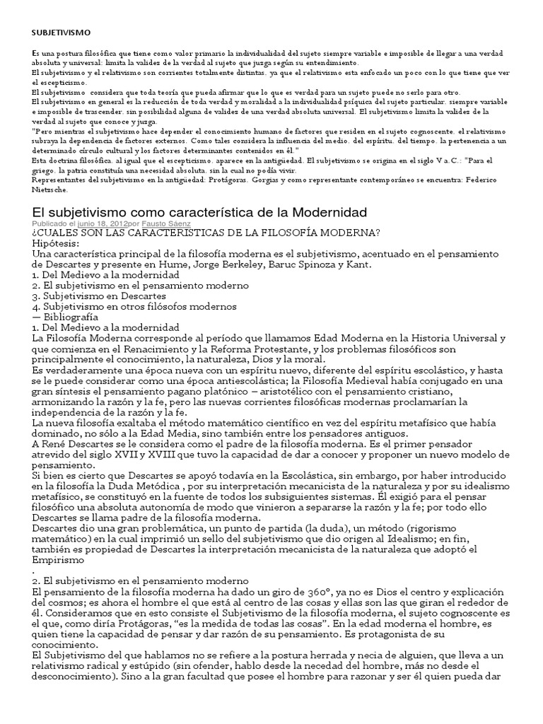 Subjetivismo en la Filosofía Moderna | PDF | Immanuel Kant | Filosofía ...
