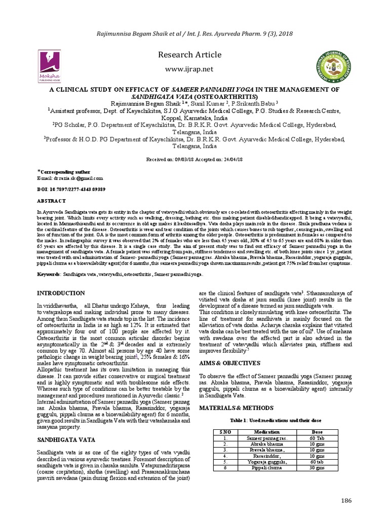 Efficacy of Sameer Pannadhi Yoga in Osteoarthritis | PDF | Ayurveda ...