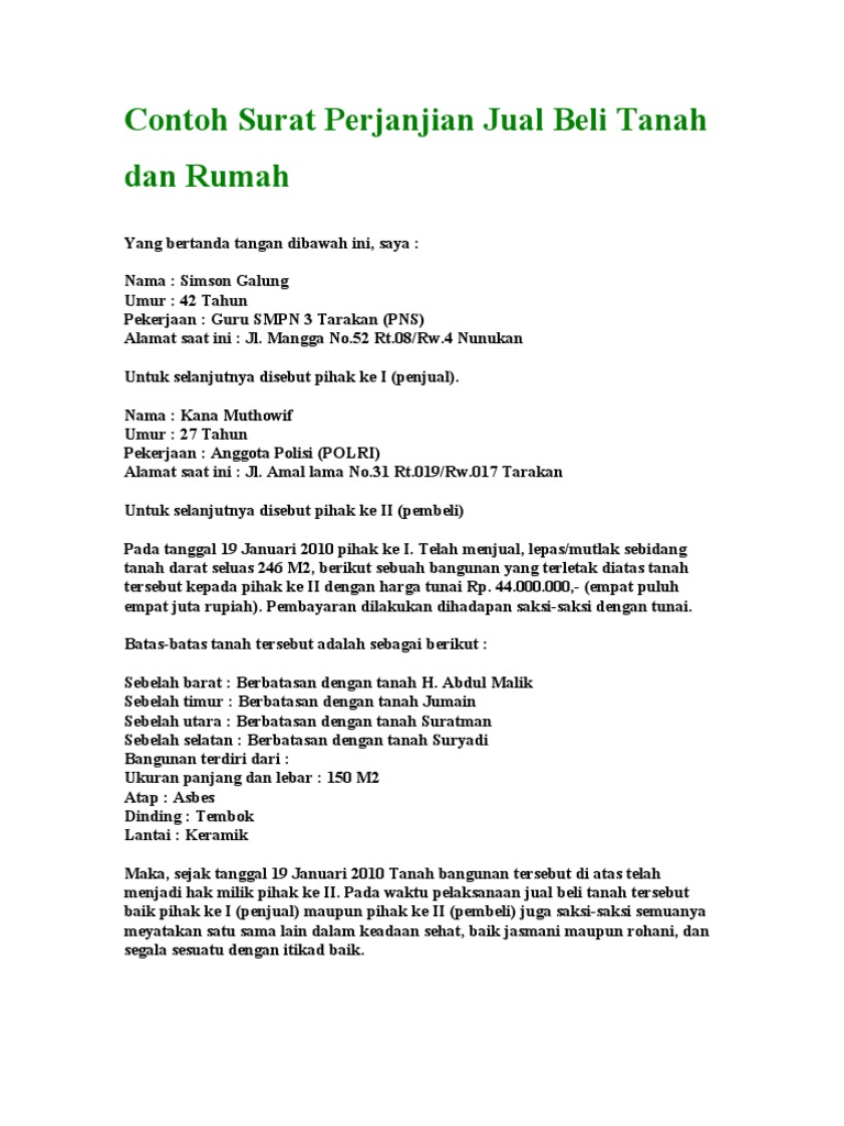 Contoh Surat Keterangan Jual Beli Tanah