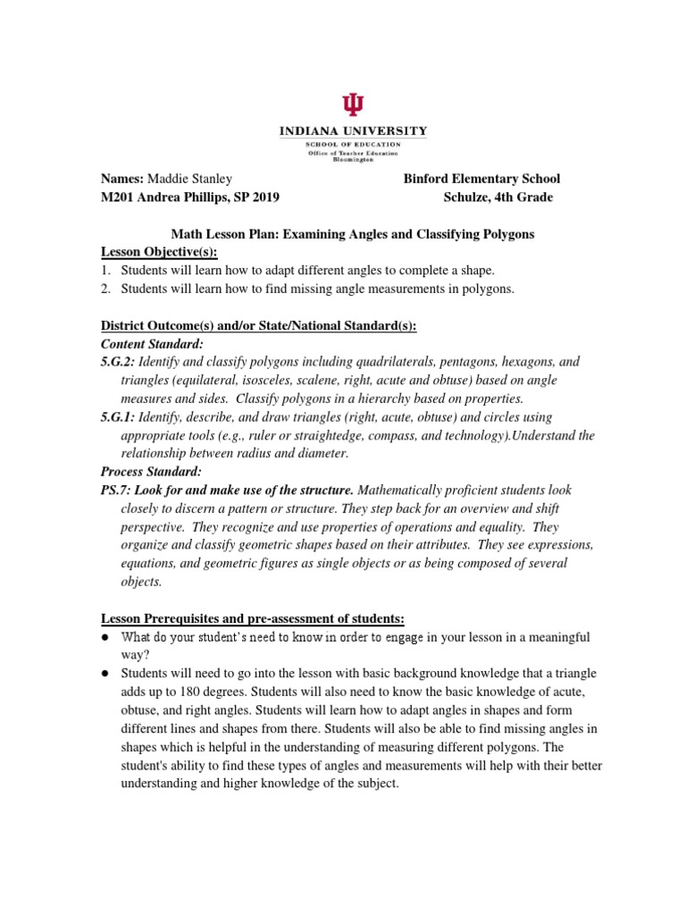 m201 Math Lesson Plan 4 1 PDF Shape Triangle