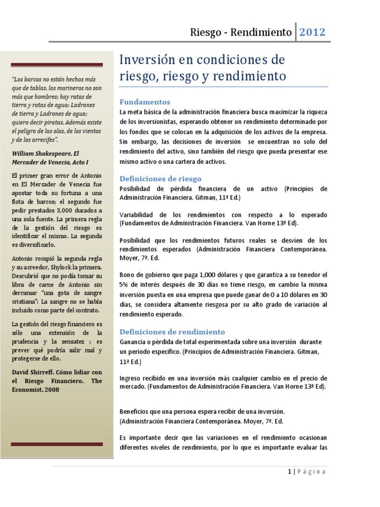 Riesgo y Rendimiento en Inversiones | PDF | Análisis de sensibilidad ...