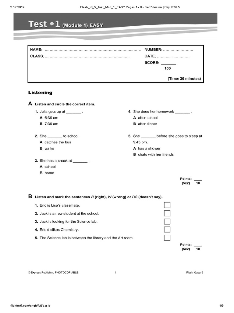Flash Kl 5 Test Mod 1 Easy Pages 1 6 Text Version