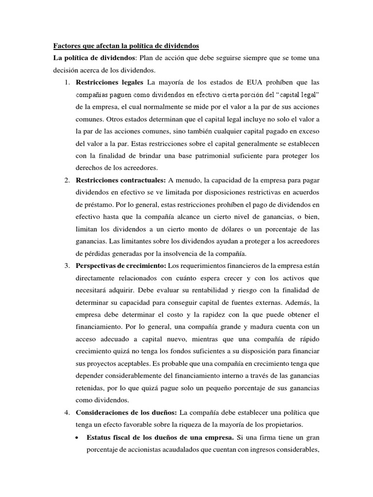 Factores que Afectan la Política de Dividendos | PDF | Compartir ...