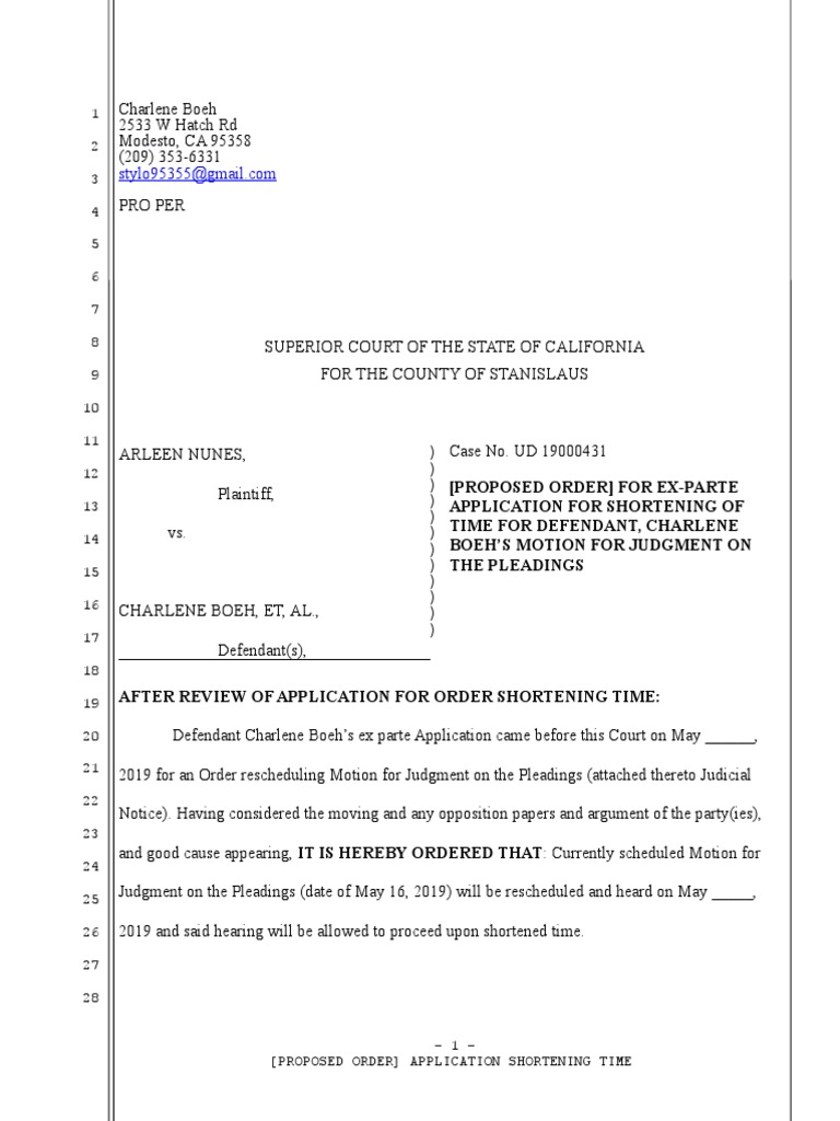 Proposed order shortening time download free pdf pleading ex parte