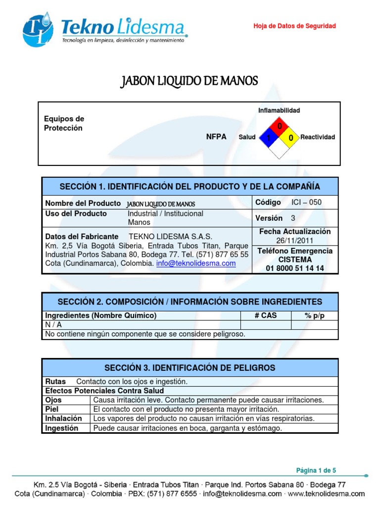 Ficha de Seguridad Jabon Liquido para Manos PDF Agua Química