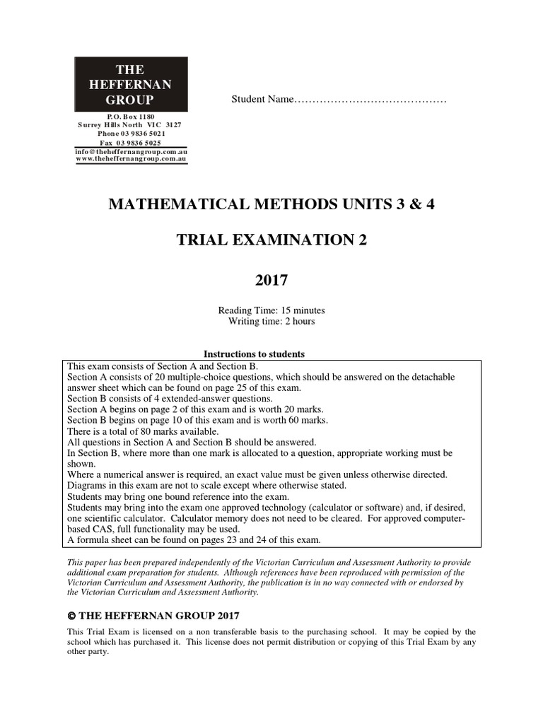 2017 Maths Methods Units 3 & 4 Exam 2 PDF Standard Deviation Tangent