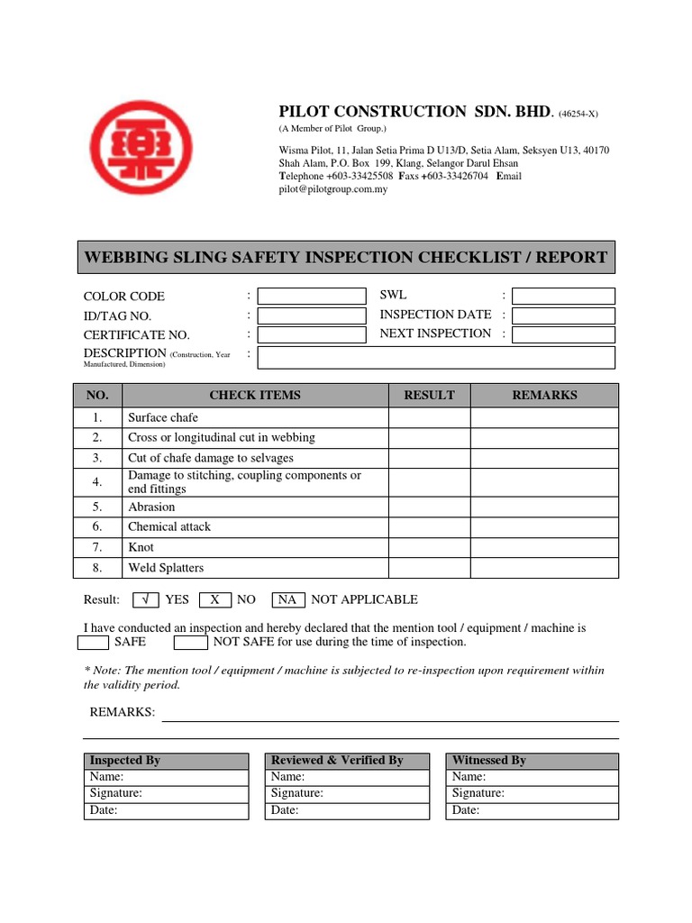 bing Sling Safety Inspection Checklist Report Pilot PDF