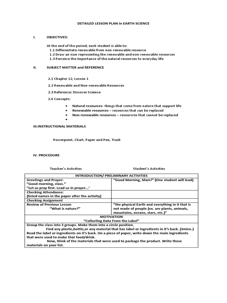 Earth Science Lesson Plan: Resources | PDF | Renewable Resources | Resource