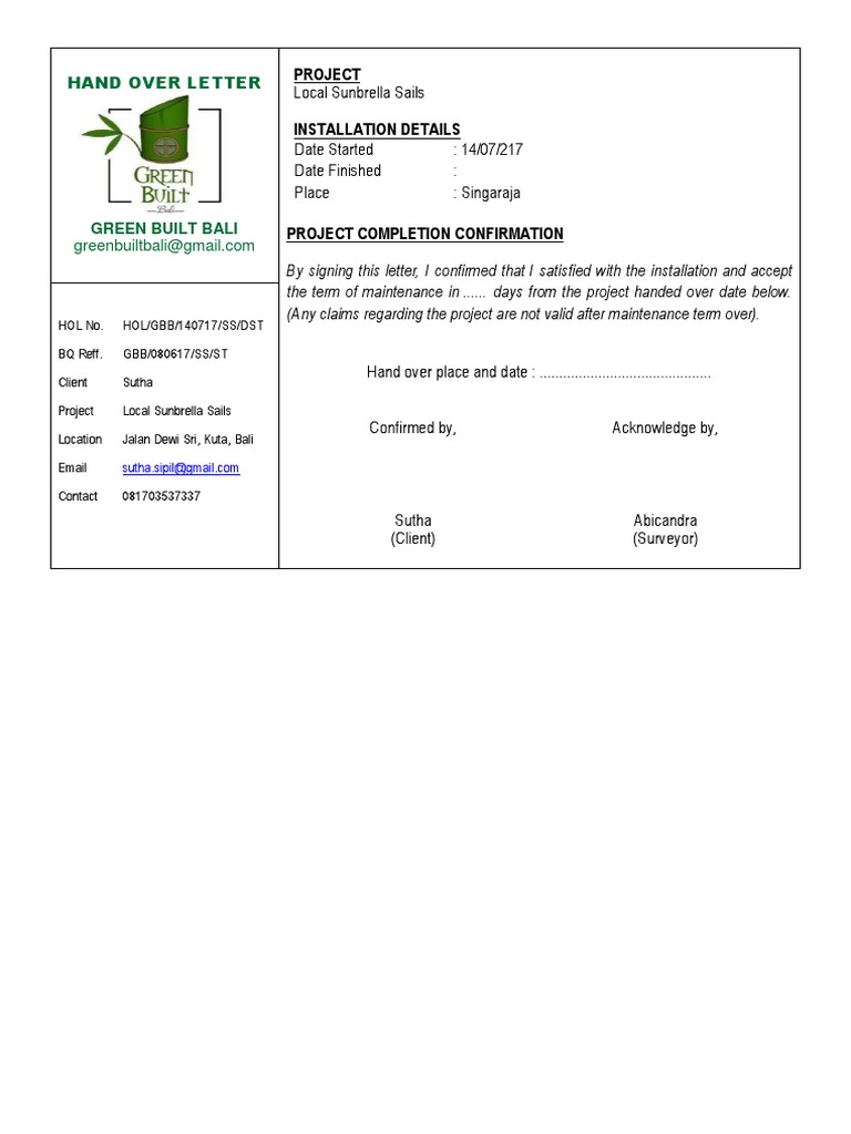 Local Sunbrella Sails Handover Letter | PDF