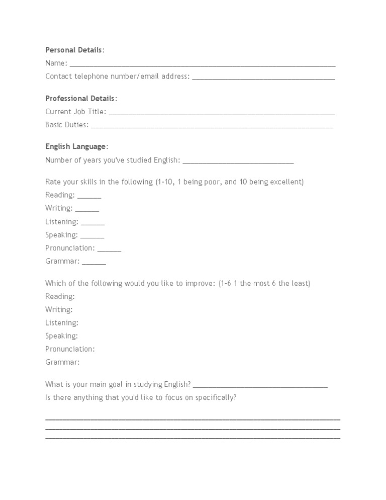 English Language Skills Assessment Form | PDF