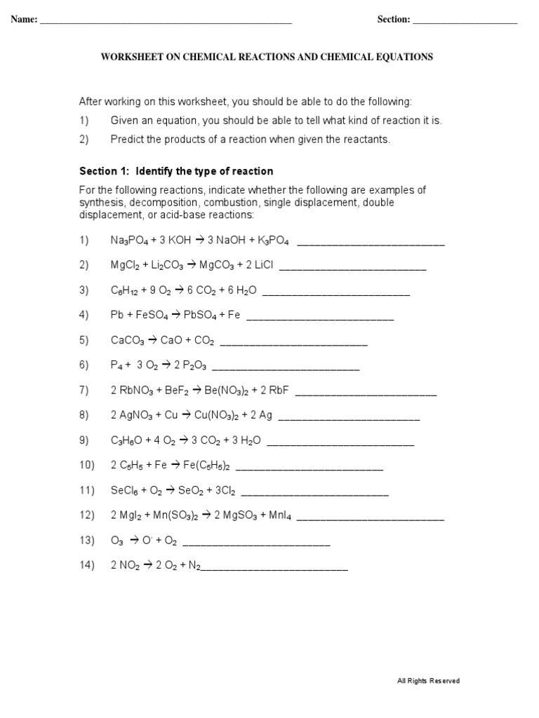 Chemical Reactions and Equations Worksheet | PDF | Chemical Reactions ...