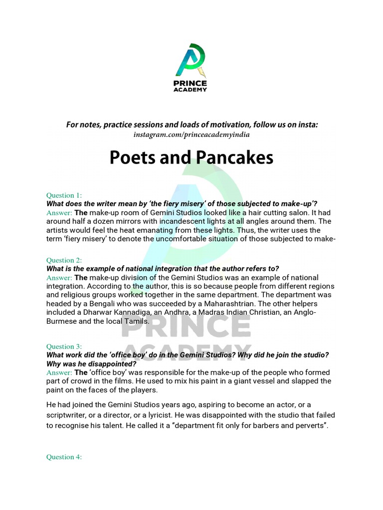 Poets and Pancakes Important Questions and Answers PDF PDF Poetry
