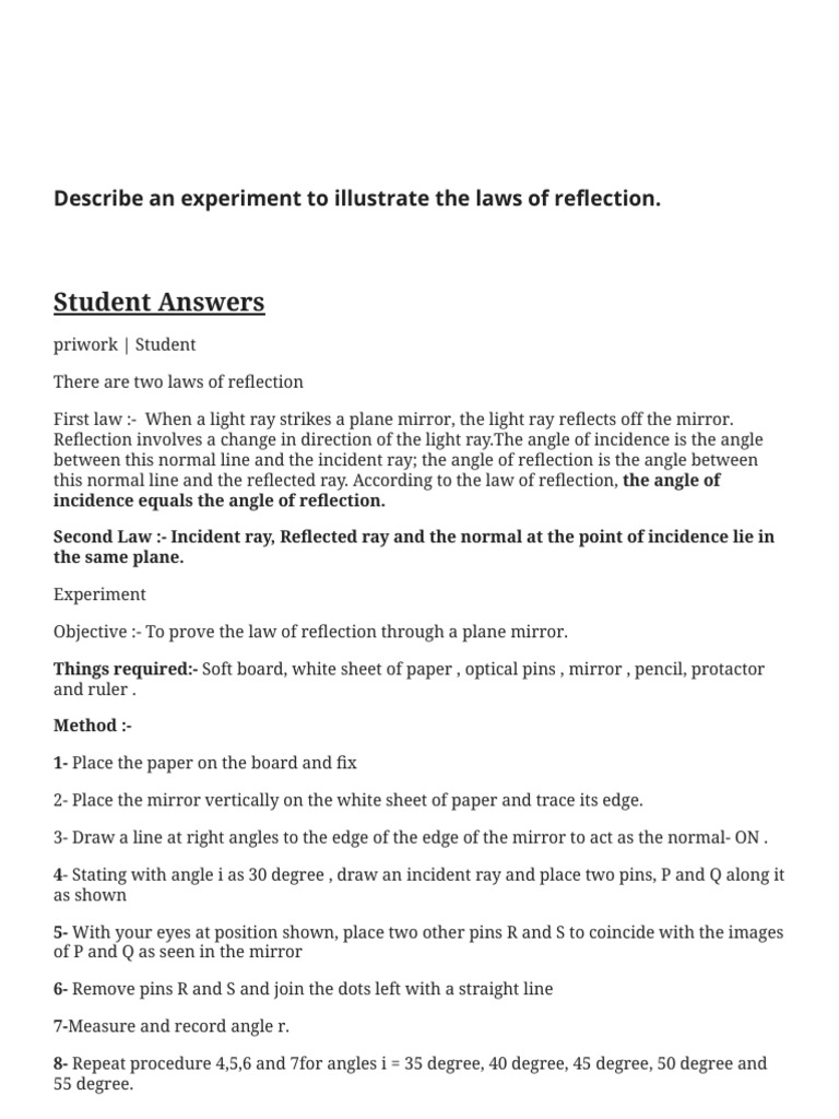 Describe An Experiment To Illustrate The Laws of Reflection. - Enotes ...