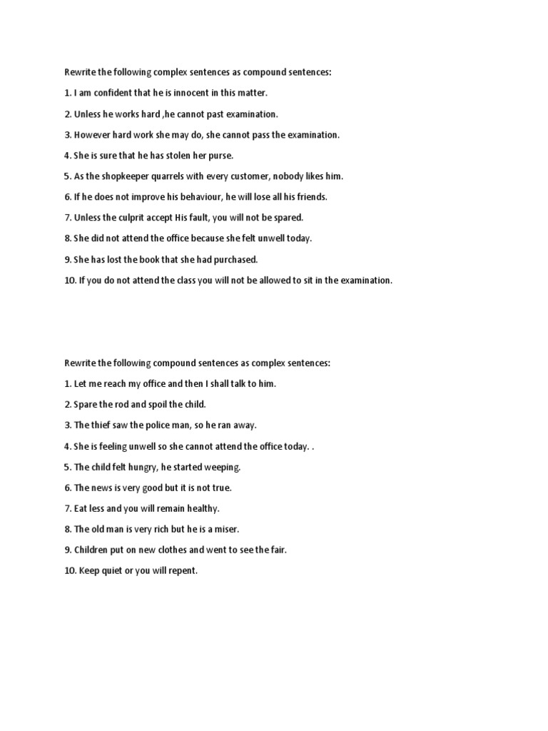 Rewrite The Following Complex Sentences As Compound Sentences | PDF