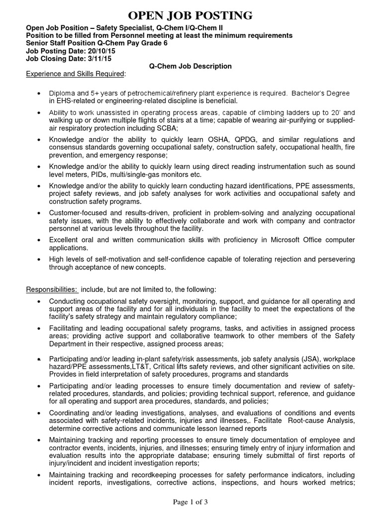 Job PostingSafety Specialist Q Chem 10 2015 PDF Occupational