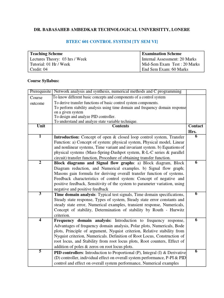 Modified Syllabus of Control System PDF Control Theory Control System