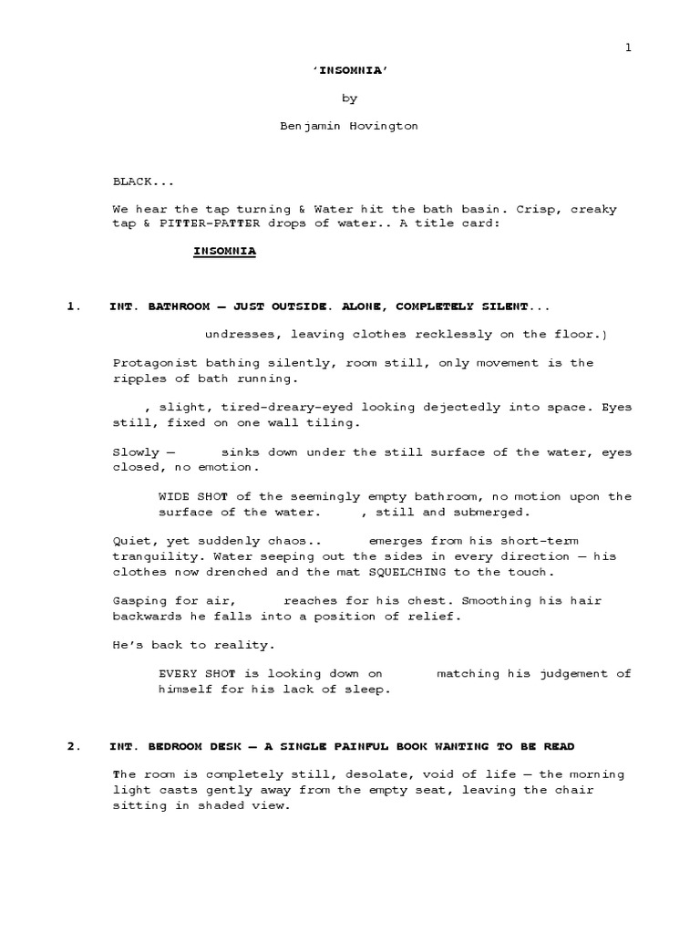 Insomnia Screenplay by Benjamin Hovington | PDF | Bathroom