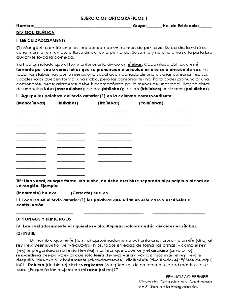 Ejercicios de División Silábica | PDF | Sílaba | Vocal