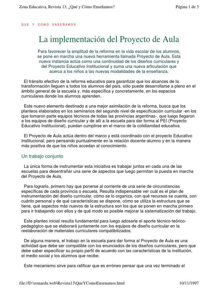 La Implementación Del Proyecto de Aula PDF | PDF | Salón de clases ...